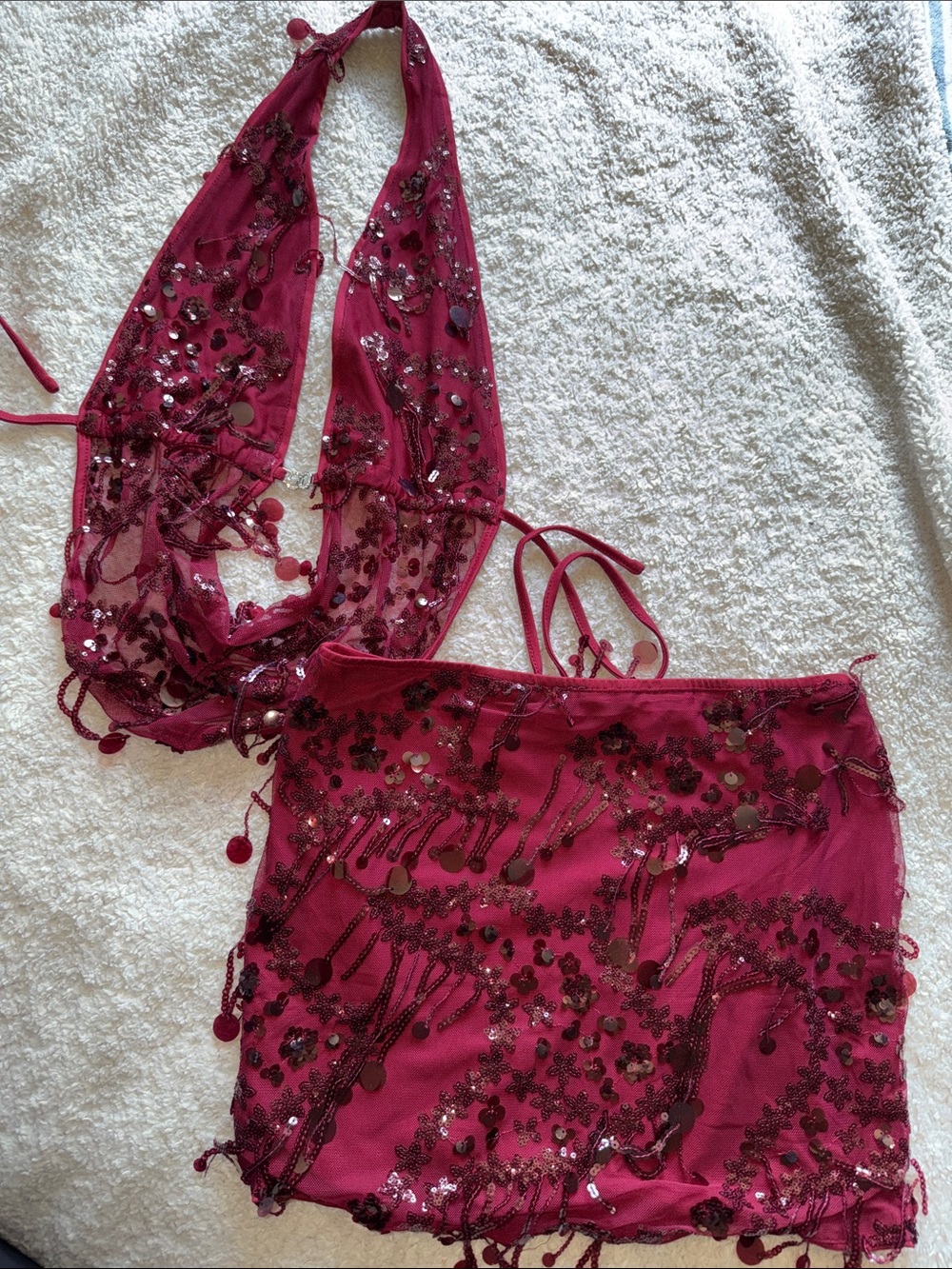 Sparkling Burgundy Sequin Halter Crop Top & Mini Skirt Set